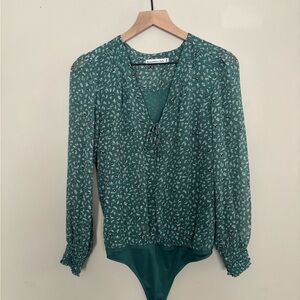 Abercrombie & Fitch Green Ditsy Floral Bodysuit Sheer Long Sleeves